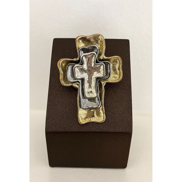 Womens Y2K Vintage Chunky Cross Gold Silver Tone Stretchy Cross Ring Western - Picture 1 of 6